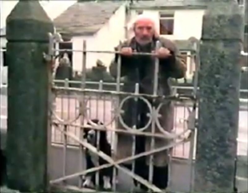 an old man in brown, dishevelled clothes stands behind an iron school gate - with a black and white dog beside him